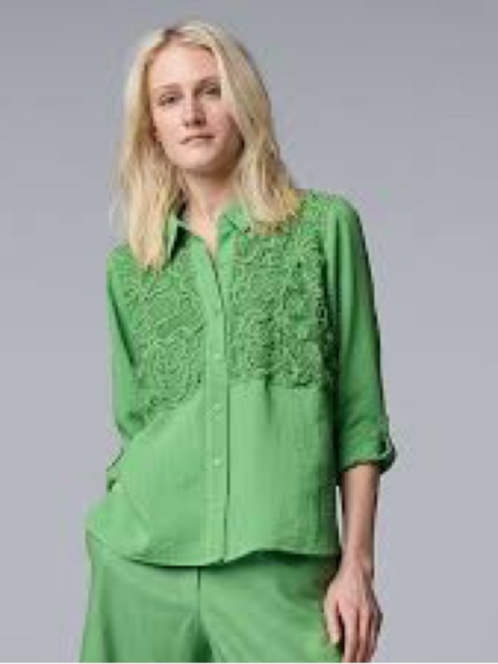Simply Vera Vera Wang Green Embroidered Button-Down Shirt